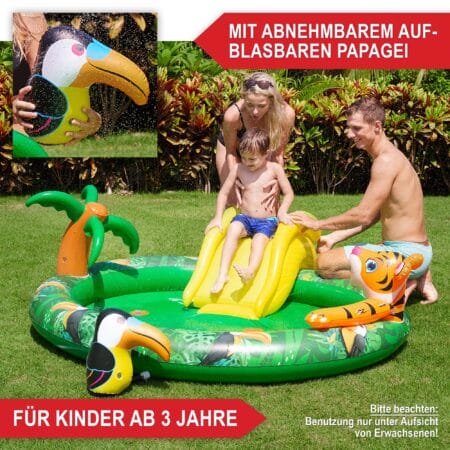 Kinder-Planschbecken mit Rutsche im Dschungel-Design, Größe 182x62x165 cm.